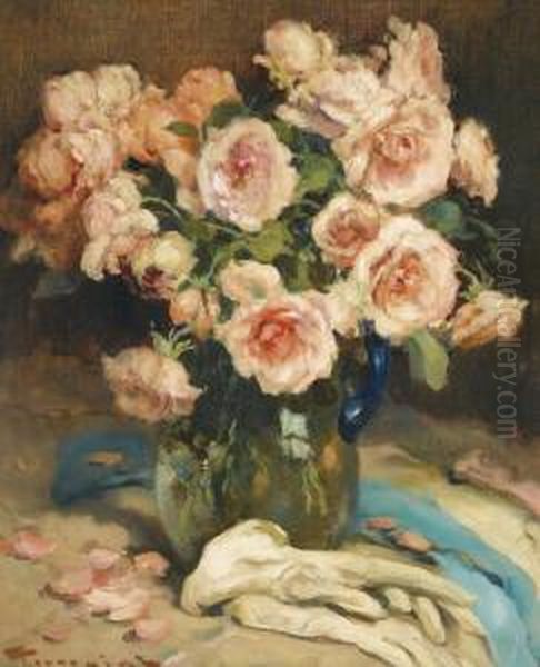 Roses In A Glass Jug Oil Painting by Fernand Toussaint