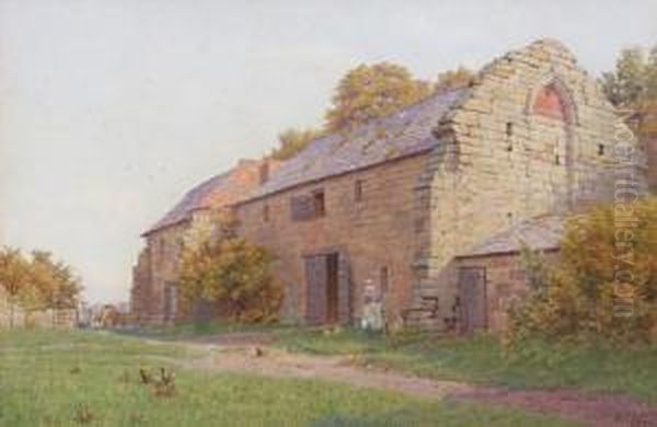 Farmyard By A Stone Barn Oil Painting by James Towers