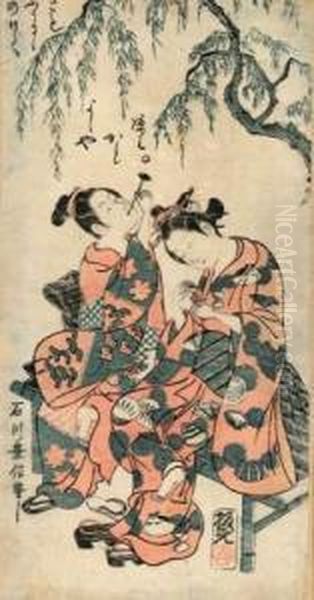 Deux Jeunes FemmesAssises Sous Un Saule Faisant Des Bulles De Savon. Oil Painting by Ishikawa Shuha Toyonobu
