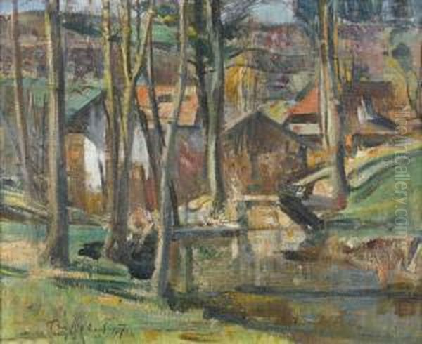 Sonnige Bachlandschaft Mit Baumen Und Einem Dorf Oil Painting by Friedrich Eduard Traffelet
