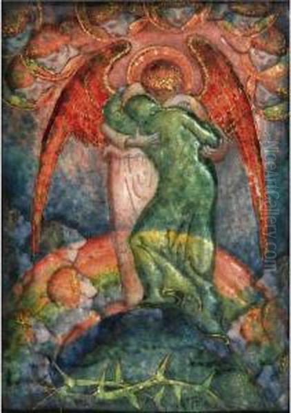 'the Mountain Top': A Small Arts And Crafts Enamel Oil Painting by Phoebe Ann Traquair