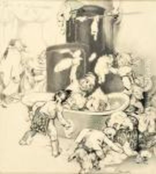 Schaumschlacht Der Kinder In Der Badewanne Oil Painting by Gustav Traub