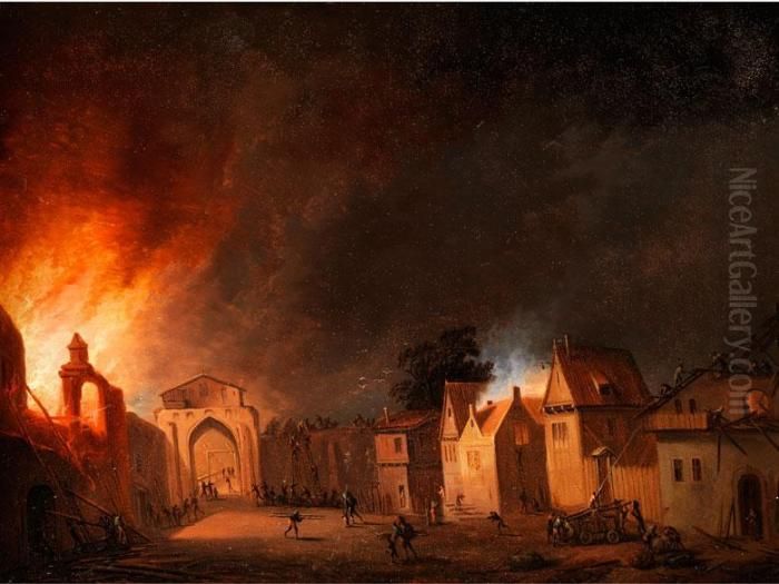 Ansicht Einer Brennenden Stadt Oil Painting by Johann Georg Trautmann