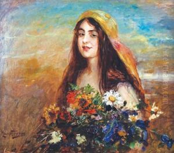 Cyganka Z Kwiatami Oil Painting by Maurycy Trebacz