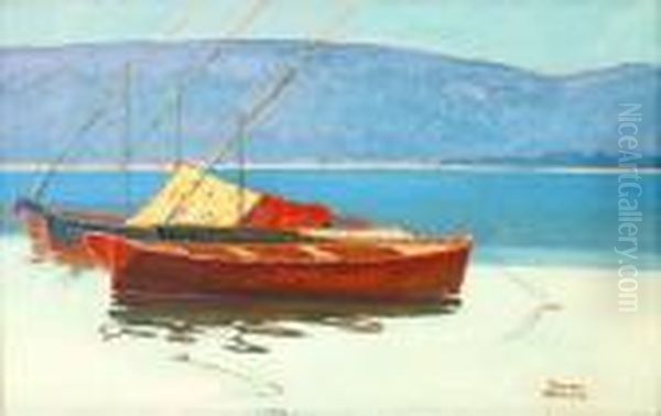 Boats In Calm Waters Oil Painting by Theofrastos Triantafyllidis