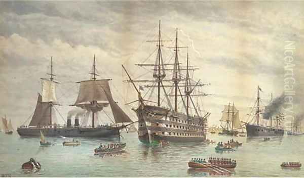 H.M.S. Victory amidst ironclads lying at anchor in the harbour, Portsmouth Oil Painting by William Edward Atkins