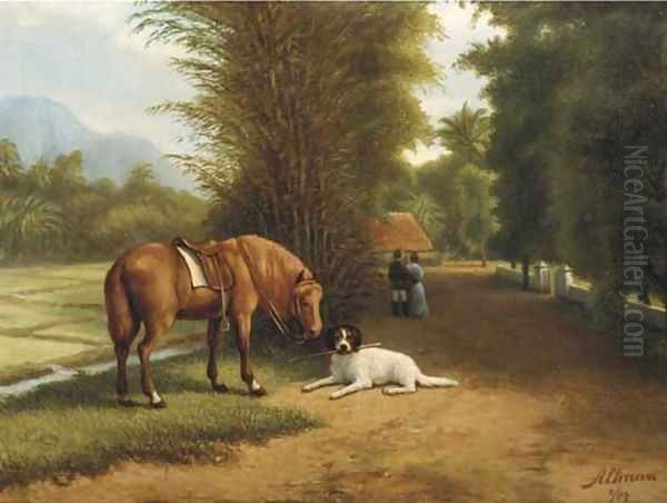 Indonesian landscape with horse and dog Oil Painting by Dirk G. Altman