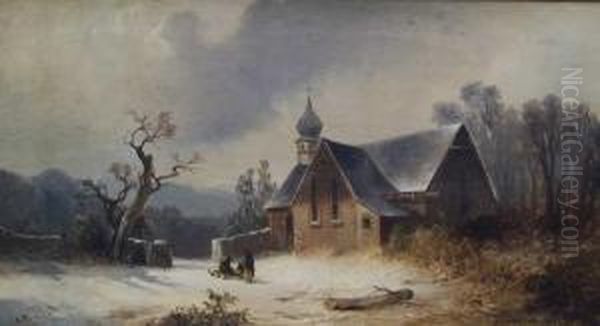 Schlittenfahrt Zur Kapelle Oil Painting by Carl Triebel