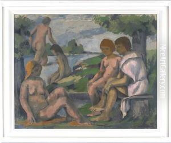 Badende Im Schatten Der Baume Am Ufer Oil Painting by Hugo Troendle