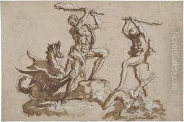 Hercules Fighting A Dragon, With Another Study Of Herculesslaying Cacus Oil Painting by Girolamo Troppa