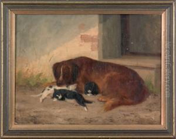 Portrait Of A Dog And Three Cats Oil Painting by Newbold Hough Trotter