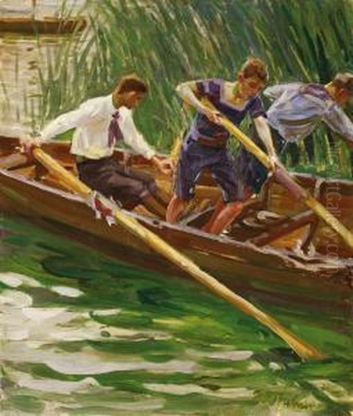 Drei Jungen Imruderboot Oil Painting by Wilhelm Heinrich Trutbner