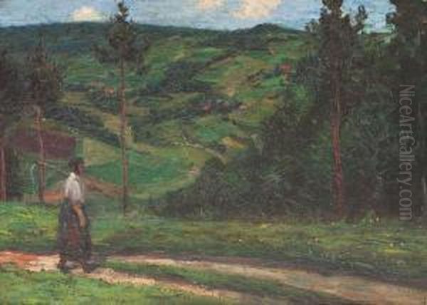 Hugelige Landschaft Mit Bauerin Auf Feldweg Oil Painting by Wilhelm Heinrich Trutbner