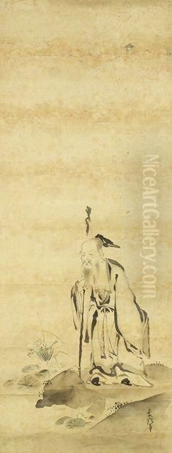 Der Sennin Shu Moshiku Neben Lotusteich Oil Painting by Kano Tsunenobu