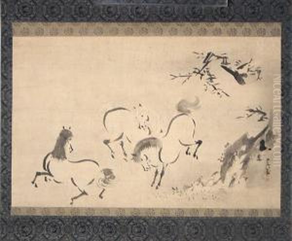 Horses Oil Painting by Kano Tsunenobu