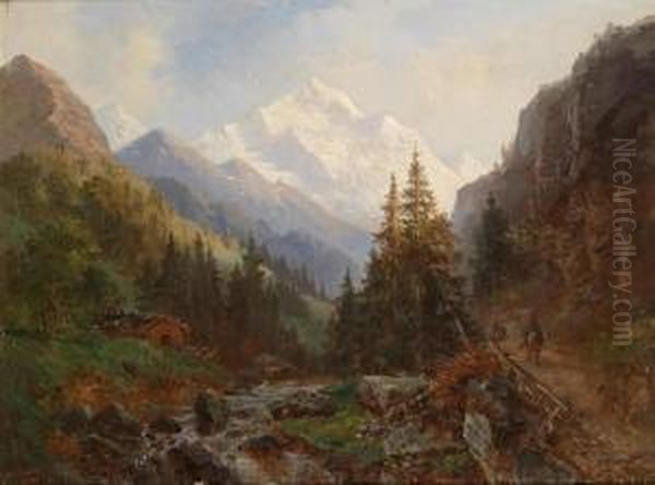 Mountain Landscape With Stream Oil Painting by Hermann Aug. Theodor Tunica