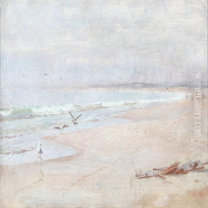 Coastal Scene With Seagulls And People On The Beach Oil Painting by Laurits Regner Tuxen
