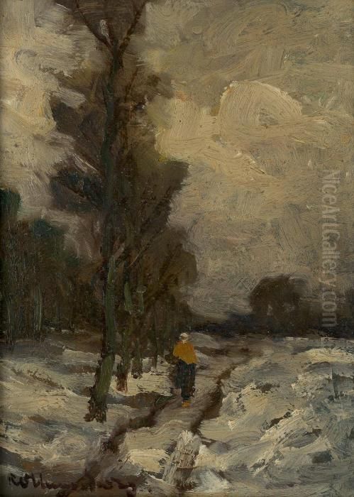 Winterlandschaft Mit Bauerin Auf Einem Feldweg Oil Painting by Raphael Oskar Unverdross