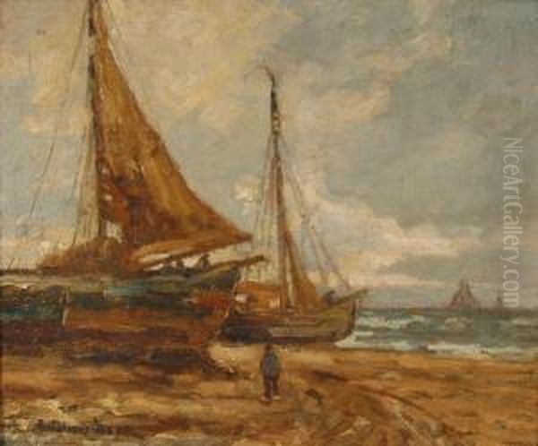 Kustenszene Mit Segelbooten Am Strand Oil Painting by Raphael Oskar Unverdross