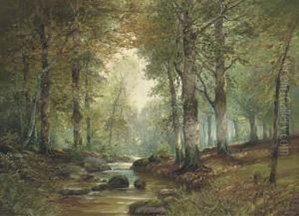 Deer In A Woodland Landscape Oil Painting by Raphael Oskar Unverdross