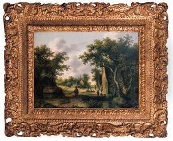 A Traveller On A Road In A Vilage With Children Playingnearby Oil Painting by Willem Uppink