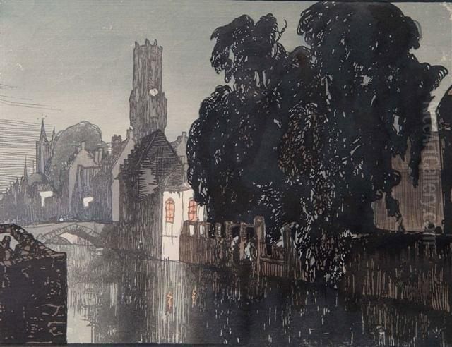 Bruges At Night Oil Painting by Yoshijiro Urushibara
