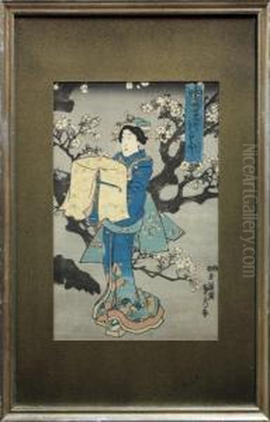 Beauties Walking InA Spring Landscape At Night Oil Painting by Utagawa Sadahide