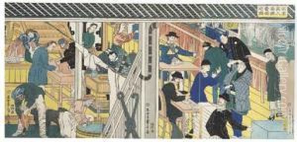 Yokohama Ijin Shokan Uriba No Zu [view Of The Trading Floor In A Foreign Building In Yokohama], A Triptych Depicting In Detail The Interior Of A Trader's House With Two Western Clerks, A Chinese Man Holding Up A Length Of Cloth, Etc. Oil Painting by Utagawa Sadahide