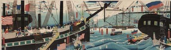 Yokohama Koeki Seiyojin Kamotsu Unso No Zu Oil Painting by Utagawa Sadahide