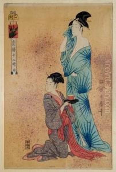 Geisha Being Offered A Tea Bowl By Another Figure Oil Painting by Kitagawa Utamaro