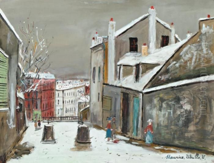 Maison De Mimi Pinson Et Rue Du Mont-cenis Sous La Neige, Montmartre Oil Painting by Maurice Utrillo