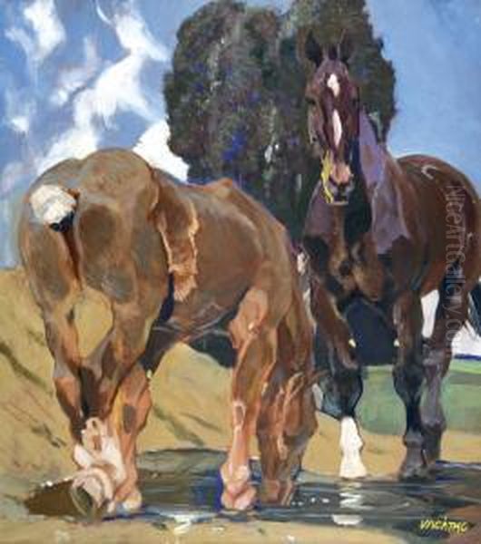 Kone U Napajedla Oil Painting by Ludvik Vacatko