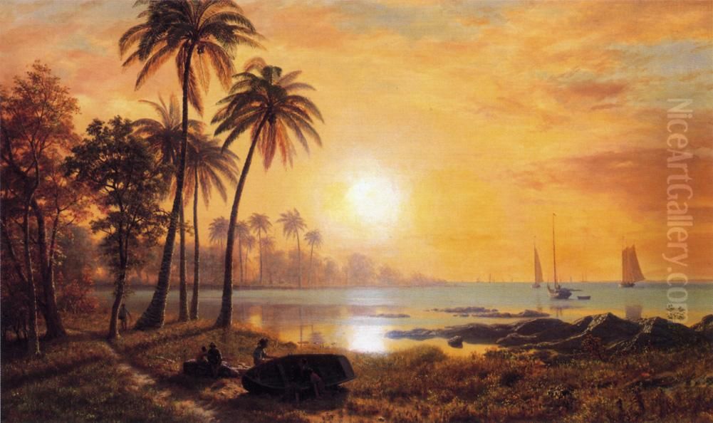 Tropical Landscape With Fishing Boats In Bay Oil Painting by Albert Bierstadt