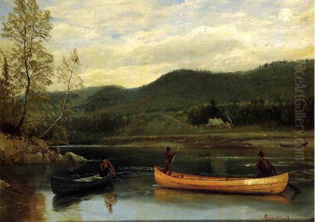 Men In Two Canoes Oil Painting by Albert Bierstadt