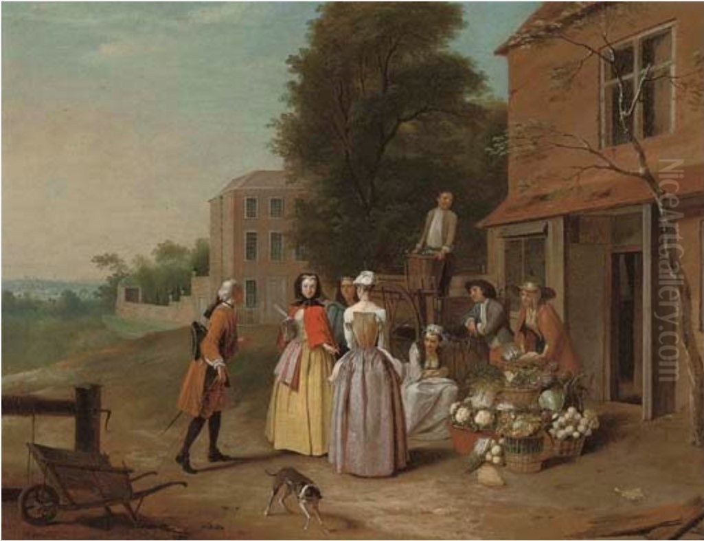 Elegant Company At A Vegetable Stall Oil Painting by Joseph van Aken