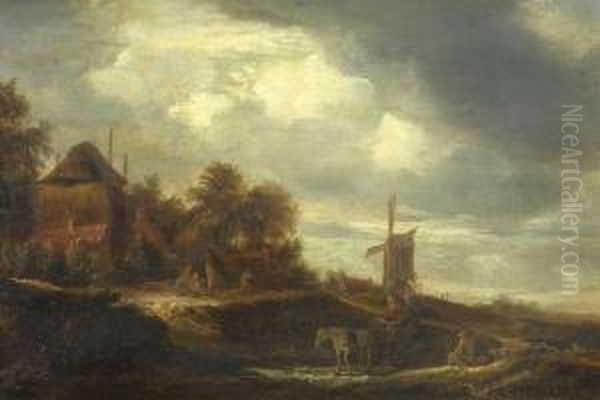 Dorflandschaft Mitwindmuhle Und Pferdekarren Oil Painting by Pieter Jansz. van Asch
