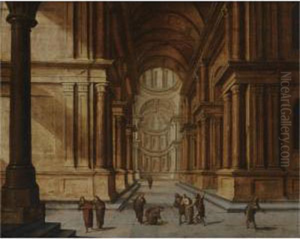 A Church Interior With Christ And The Woman Taken In Adultery Oil Painting by Hans Juriaensz. Van Baden