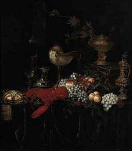 A Lobster, A Crab On An Enamelled Plate, Peaches, Grapes, Glassesof Wine And Guilded Vessels On A Draped Table Oil Painting by Abraham Hendrickz Van Beyeren