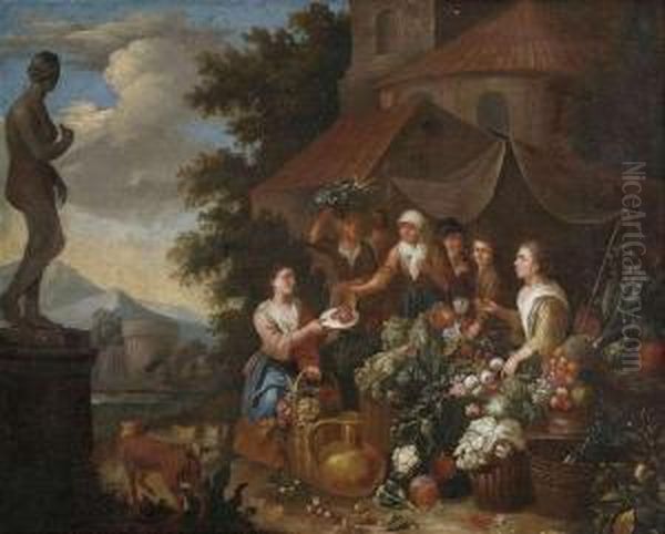 Selling Vegetables And Flowers At An Italian Market Stand. Oil Painting by Norbert van Bloemen