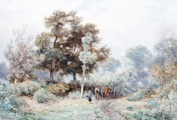 Figures And A Cart On A Woodland Path Oil Painting by Jan Willem Van Borselen