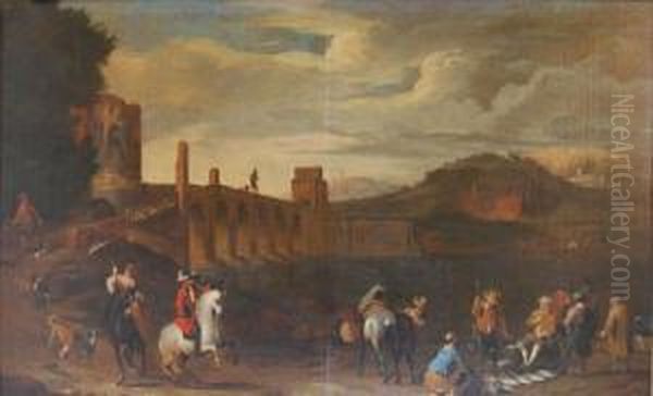 Veduta Di Ponte Nomentano A Roma Con Figuree Scenetta Di Mercato Oil Painting by Peeter van Bredael