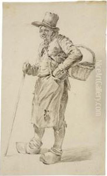 Study Of A Standing Peasant With Basket, Clogs And Walking Stick Oil Painting by Hermanus Van Brussel