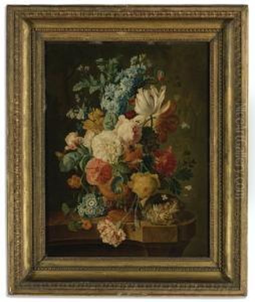 A Still Life With Roses, Carnations, Tulips And Poppies In An Urn And A Nest On A Stone Ledge Oil Painting by Paul-Theodor Van Brussel