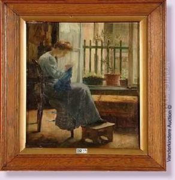 Jeune Femme A La Couture Devant La Fenetre Oil Painting by Jean Van Cleemput