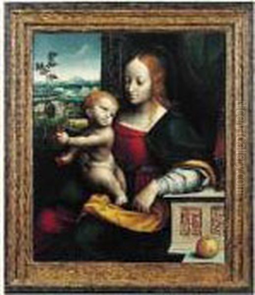 Vierge A L'enfant Sur Fond De Paysage, Dite La Madone Aux Cerises Oil Painting by Cornelis Sotte Cleef Van Cleve
