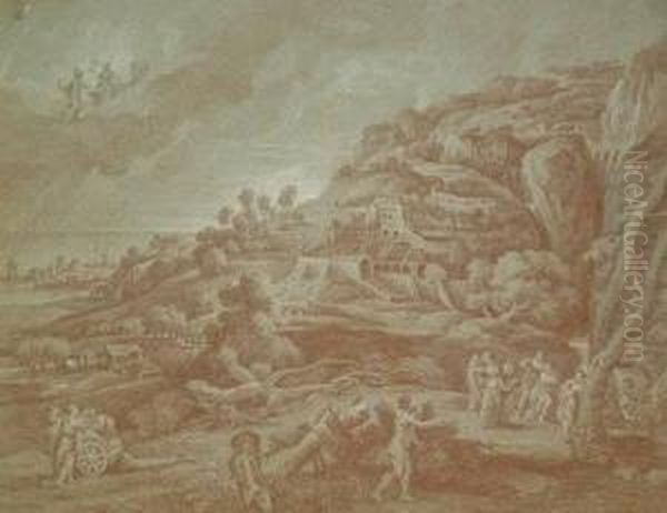 Gebirgige Landschaft Mit Einem Renaissanceschlos Und Einerstadt Am Meer, Mit Mythologischer Staffage Oil Painting by Jan Joost Von Cossiau