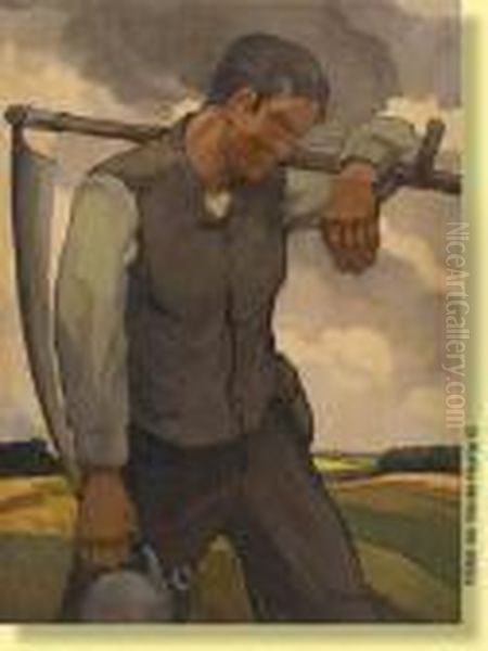 Le Faucheur Sur Fond De Paysage Oil Painting by Jean Van Crombrugge
