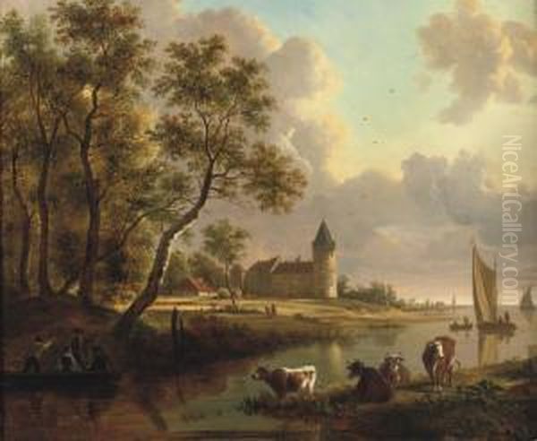 A Wooded River Landscape With Cows, And Figures In A Rowing Boat, Acastle And Sailing Vessels Beyond Oil Painting by Johannes Elize Van Cuylenburgh