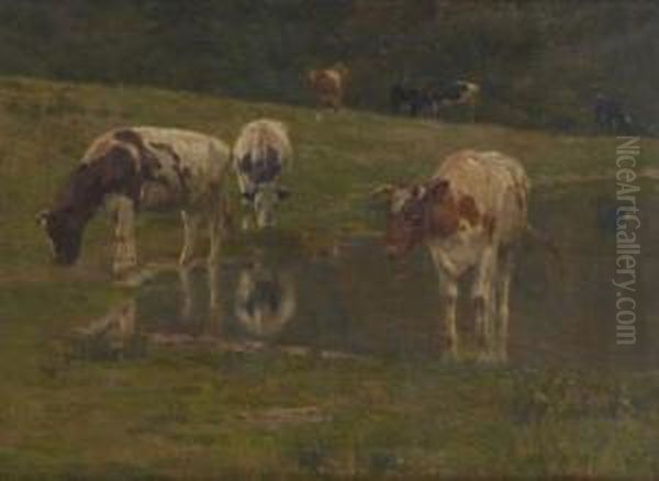 Vaches S'abreuvant Oil Painting by Emile Van Damme-Sylva