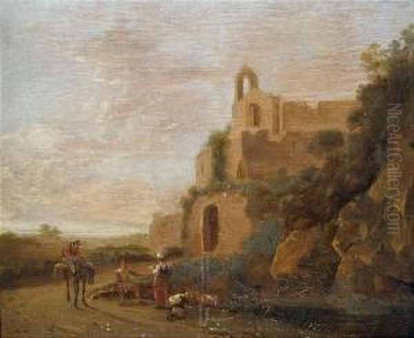 Southern Landscape With Herdsmen And A Traveller In Front Of Ruins. Oil Painting by Harmenszoon van Rijn Rembrandt